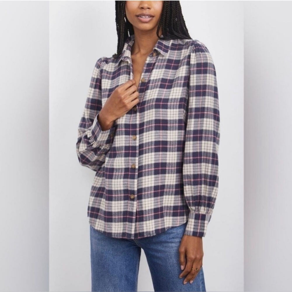 Rails Angelica Puff Sleeve Plaid Button Down Shirt Almond Pink Navy Womens Small